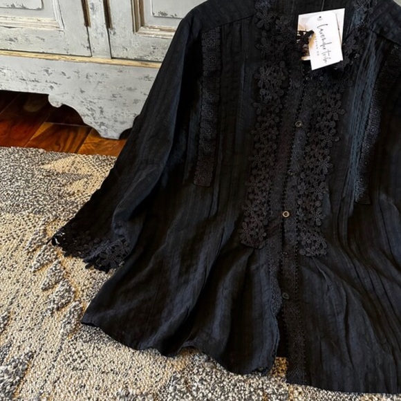 New Bohemian Black Lace Button Front Blouse /  Top Summer Dress Vintage Shirt - Picture 6 of 10